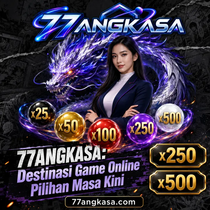 Banner 77ANGKASA: karakter wanita dewasa, naga, dan bola jackpot bergaya sinematik